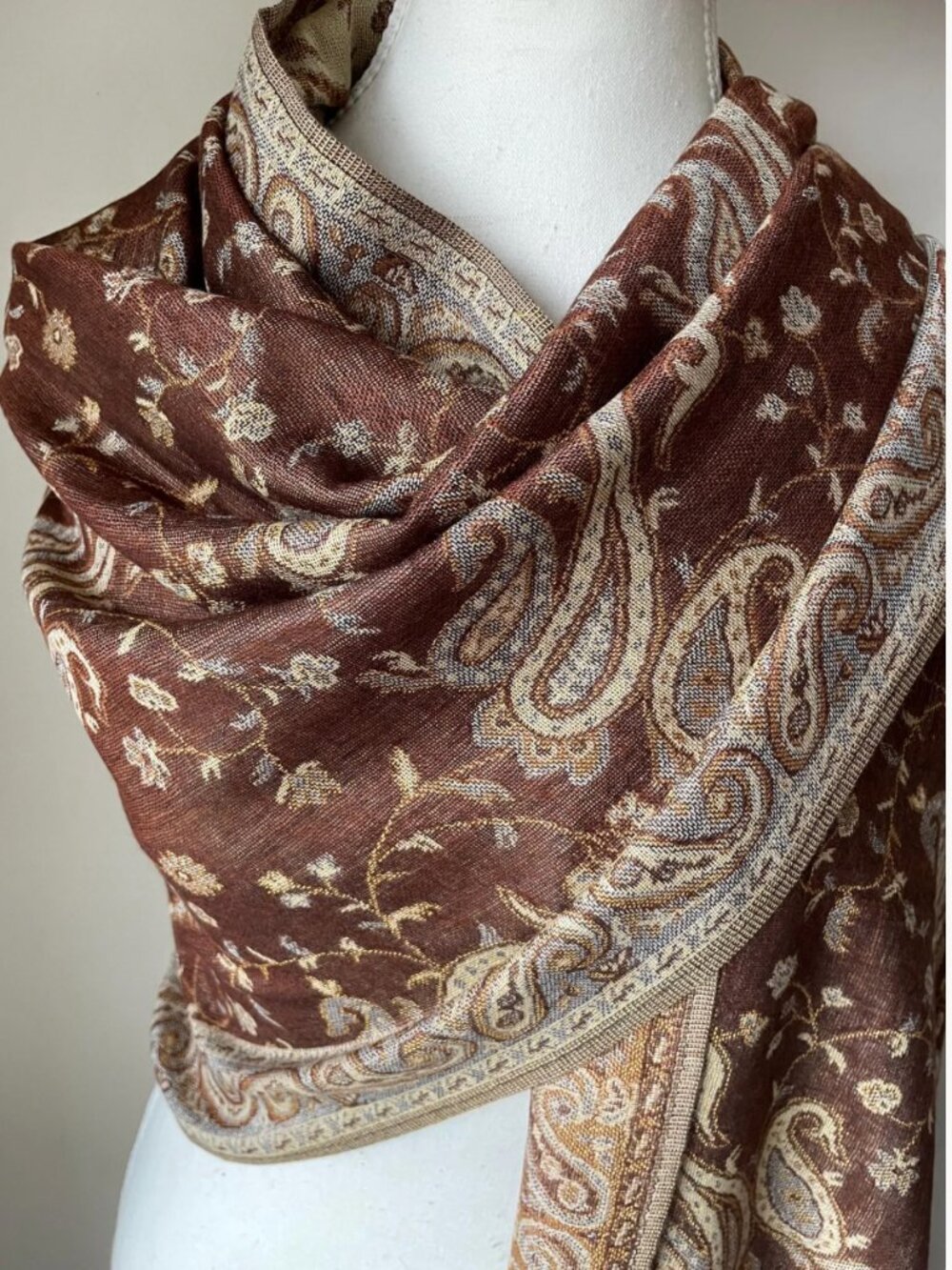 Brown Paisley Pashmina Scarf Shawl with Fringes, Fall Scarf, Unisex